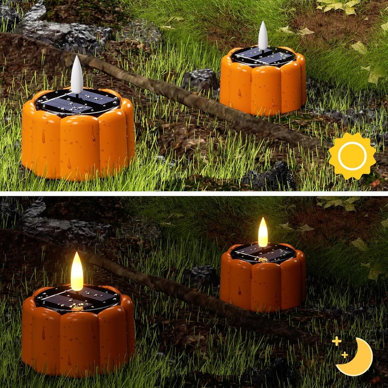 DRomance Flameless Votive Candles Solar Battery Operated Dusk to Dawn 3D Wick Flickering Outdoor Waterproof Spooky Pumpkin LED Tea Lights Candles Set of 6 Halloween Decor(2.5" D x 2.64" H) - Image 3